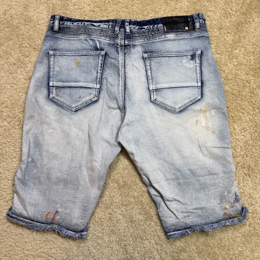 Smoke Rise Shorts Men 38 Cut Off Stretch Denim Paint Splattered Jean Biker Motto - Picture 2 of 6